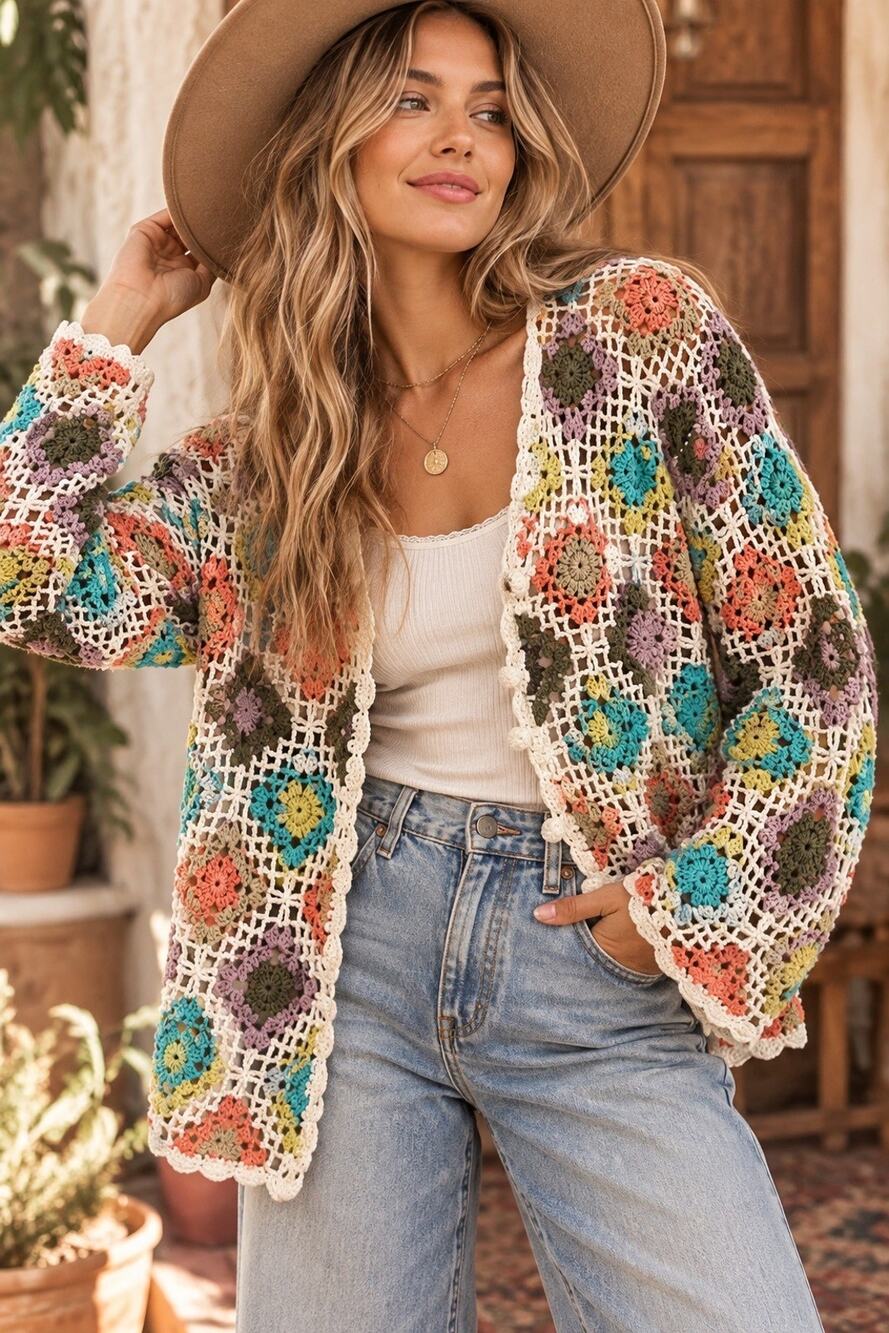 Vintage Fio USA Multicolor Crochet Open-Knit Cardigan Sweater Long Sleeve L